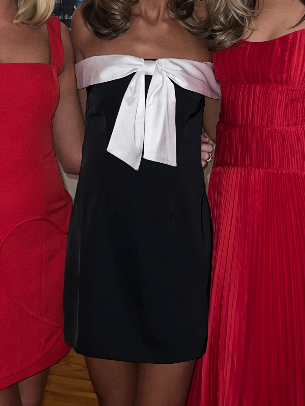 Black Strapless Mini Dress with White Bow Accent by